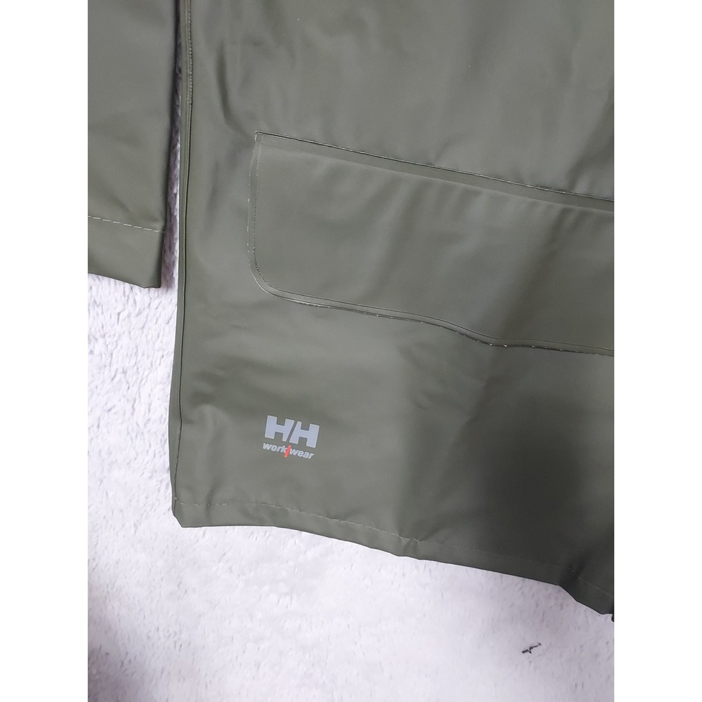 Helly Hansen Jacket Mens Medium Work Wear Rain Hooded Waterproof PVC Green Coat - Picture 9 of 13